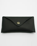 SWT black leather sunglasses case, full-grain buffalo leather with brass snap