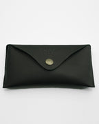 SWT black leather sunglasses case, full-grain buffalo leather with brass snap