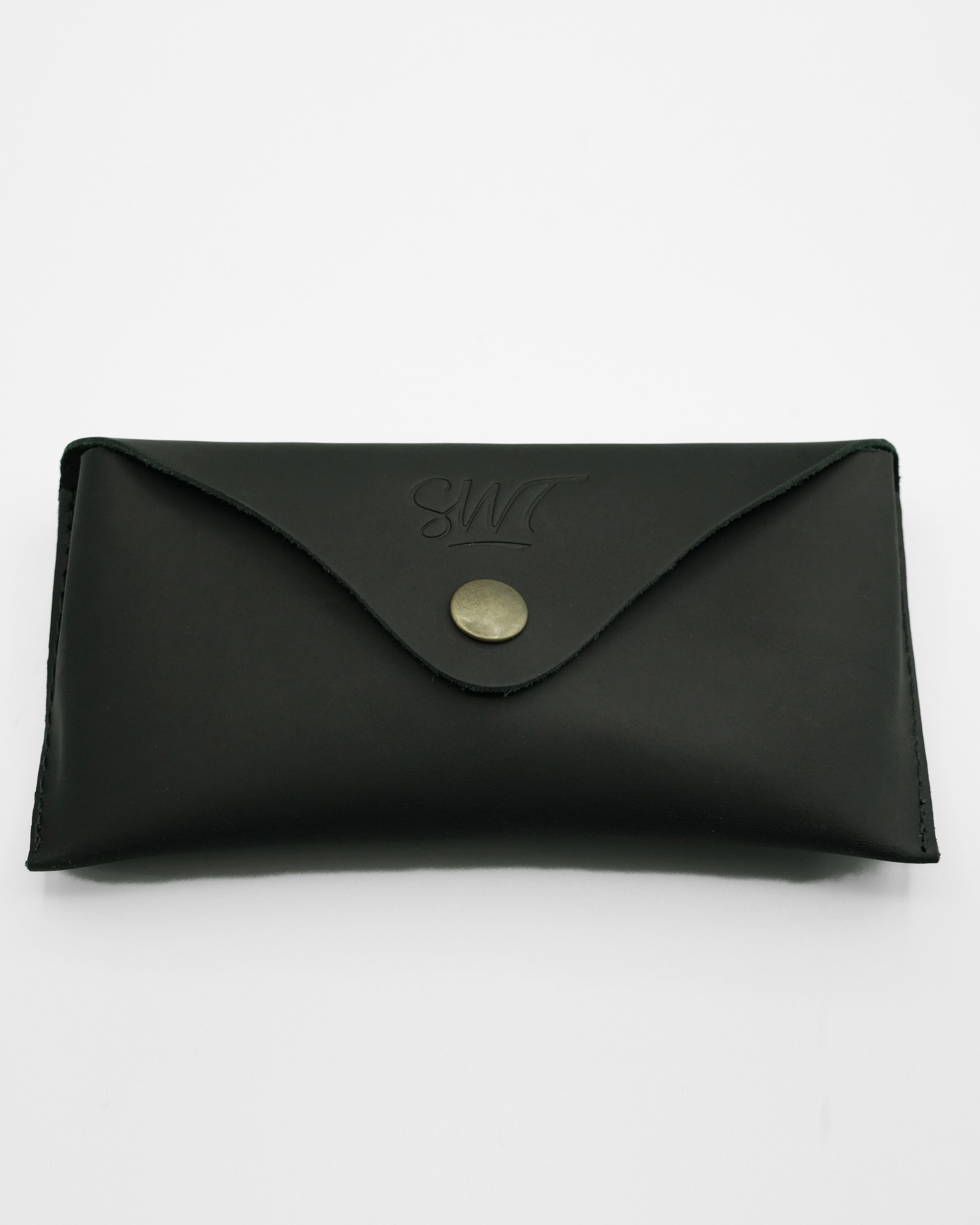 SWT black leather sunglasses case, full-grain buffalo leather with brass snap