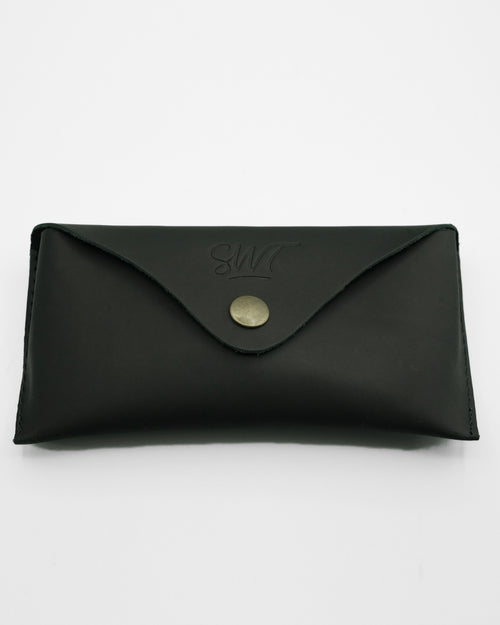 SWT black leather sunglasses case, full-grain buffalo leather with brass snap