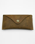 SWT brown leather sunglasses case, Crazy Horse oil-waxed buffalo leather with brass snap