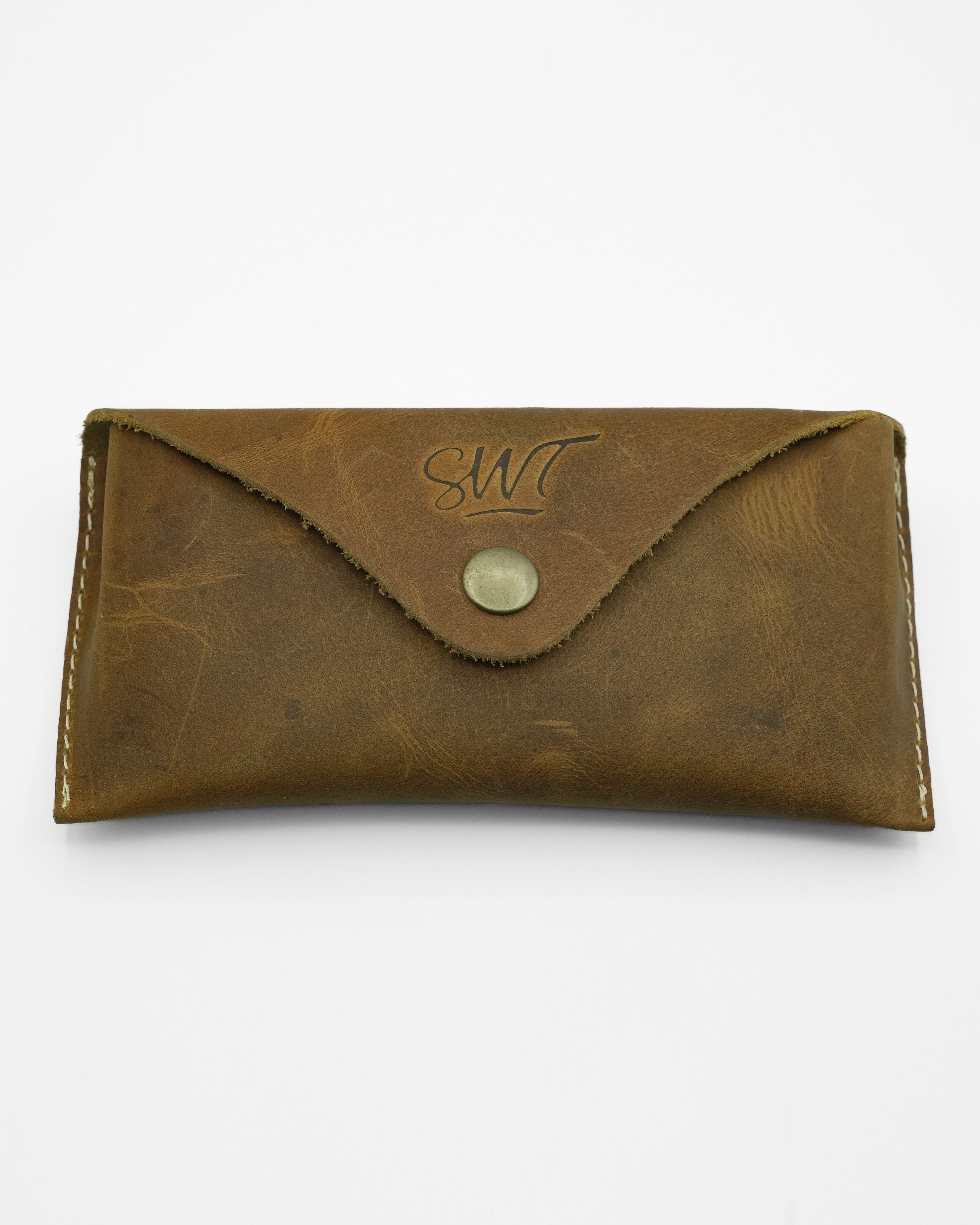 SWT brown leather sunglasses case, Crazy Horse oil-waxed buffalo leather with brass snap