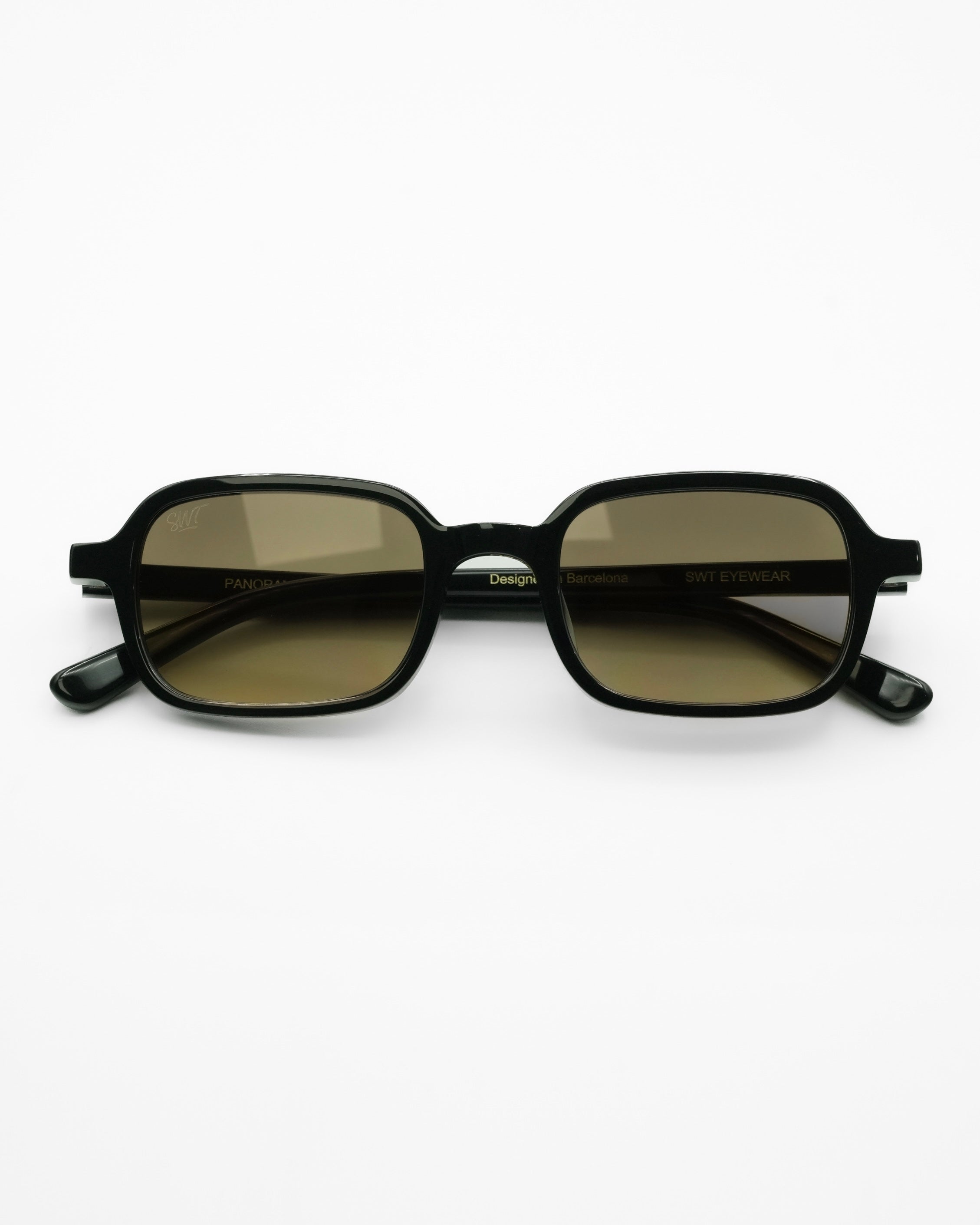 Miramare sunglasses by SWT, black rectangular frame with yellow-green gradient lenses, front view
