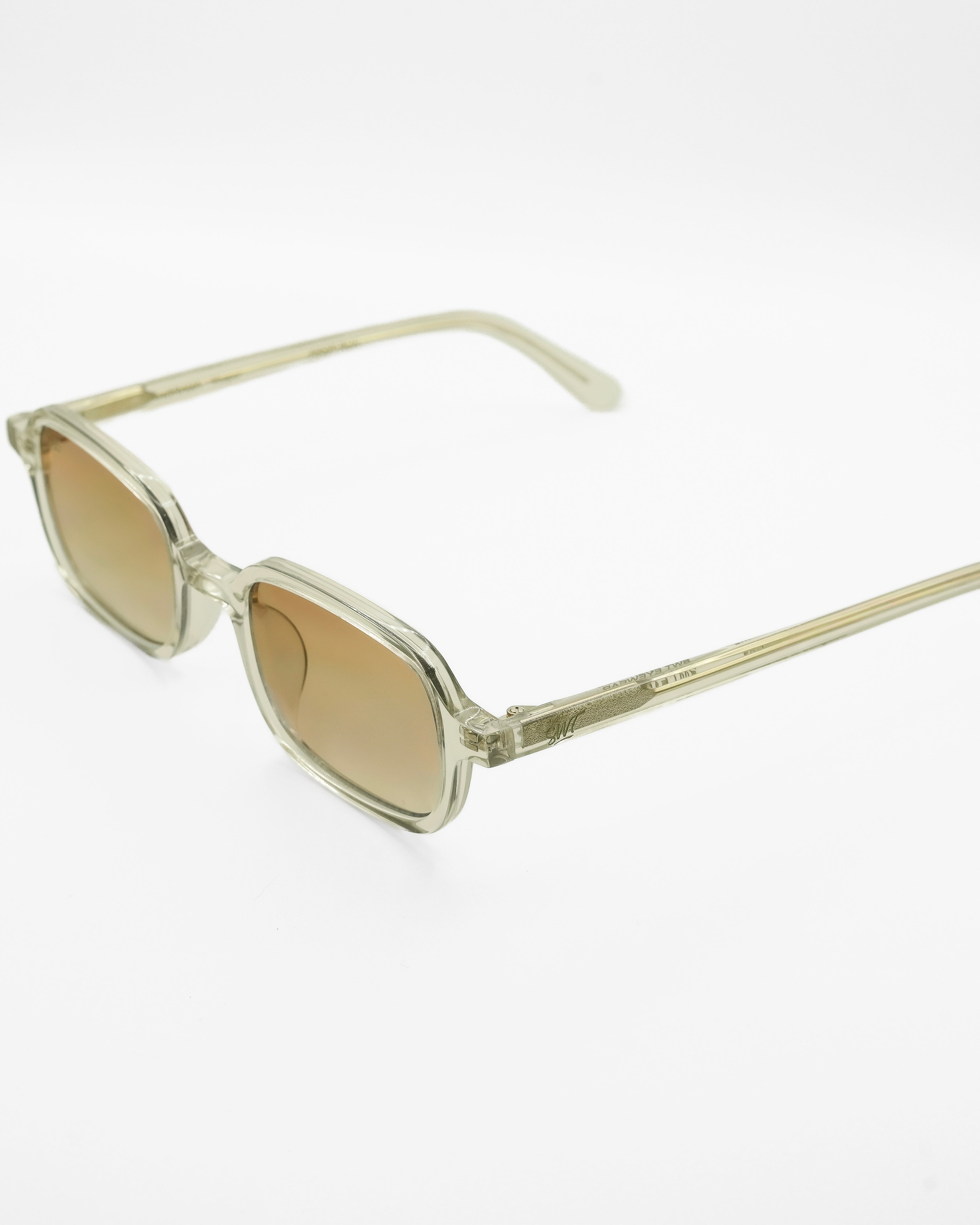 Vesper sunglasses by SWT, transparent amber acetate frame, front detail