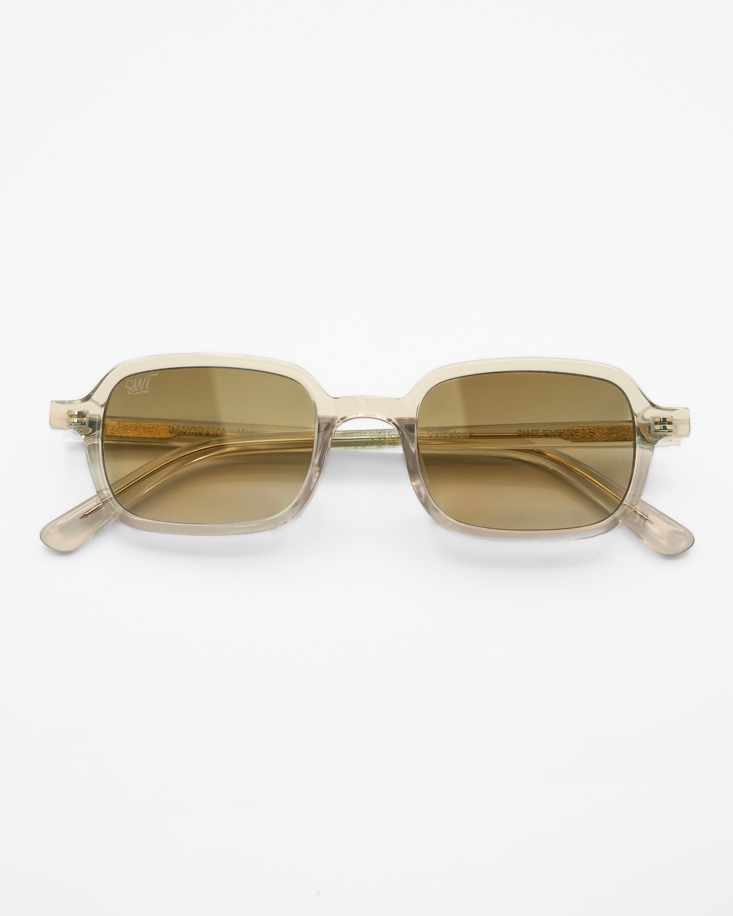Vesper sunglasses by SWT, transparent amber frame with brown gradient lenses, front view