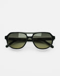 Sundown sunglasses by SWT, black aviator frame with green to yellow gradient lenses, front view