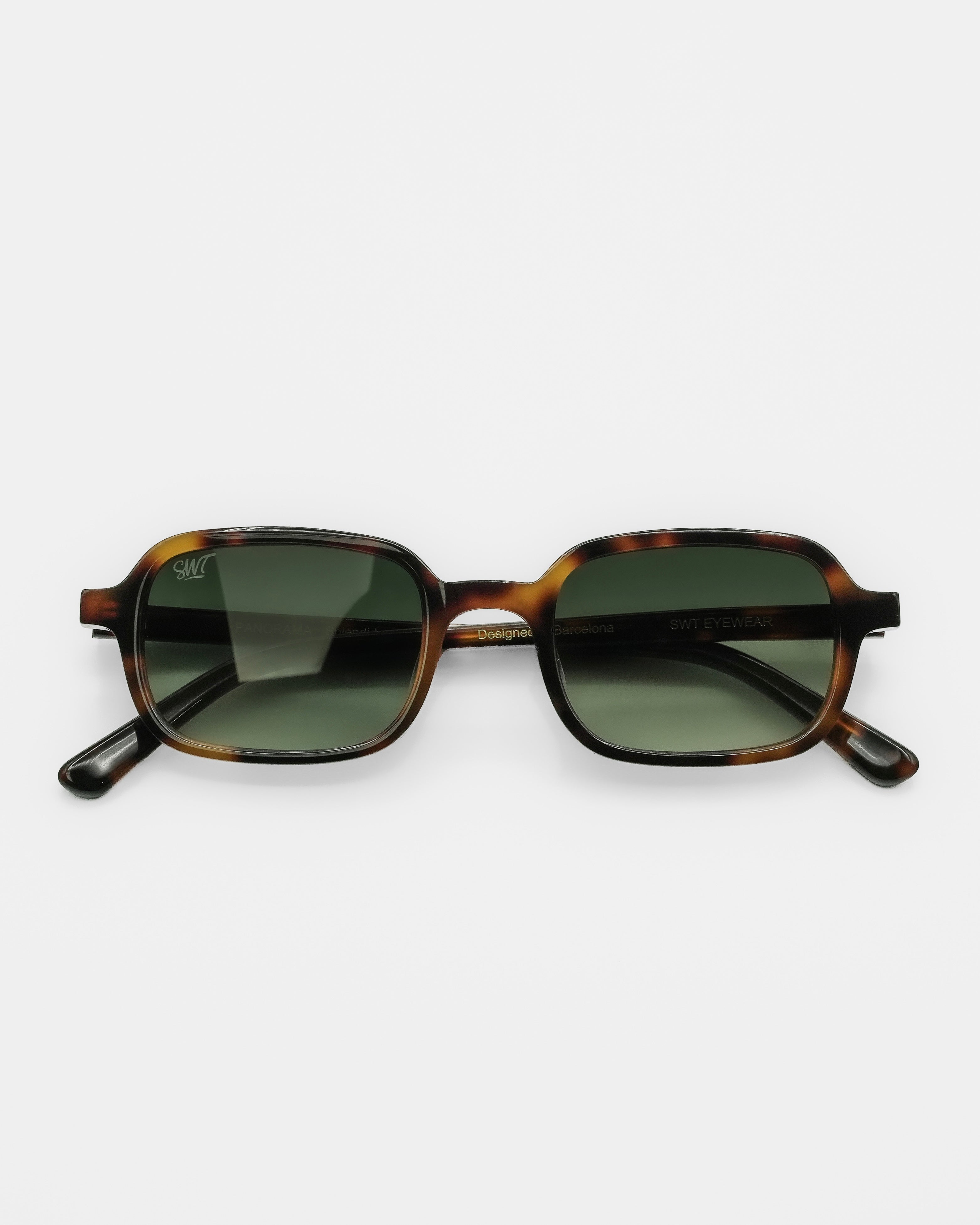 Splendido sunglasses by SWT, dark tortoiseshell rectangular frame with olive gradient lenses, front view