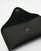 SWT black leather sunglasses case, hand-stitched edge detail