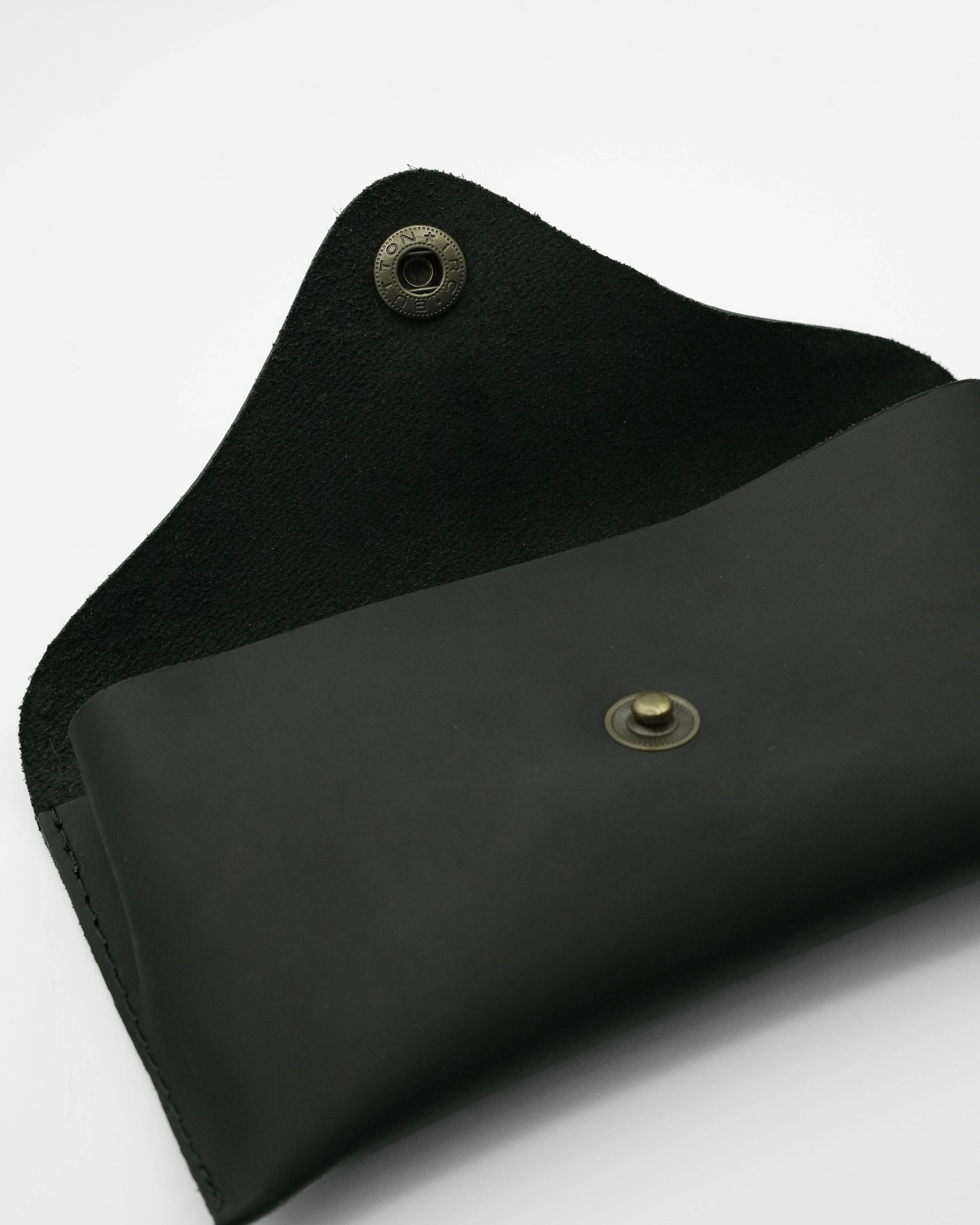 SWT black leather sunglasses case, hand-stitched edge detail
