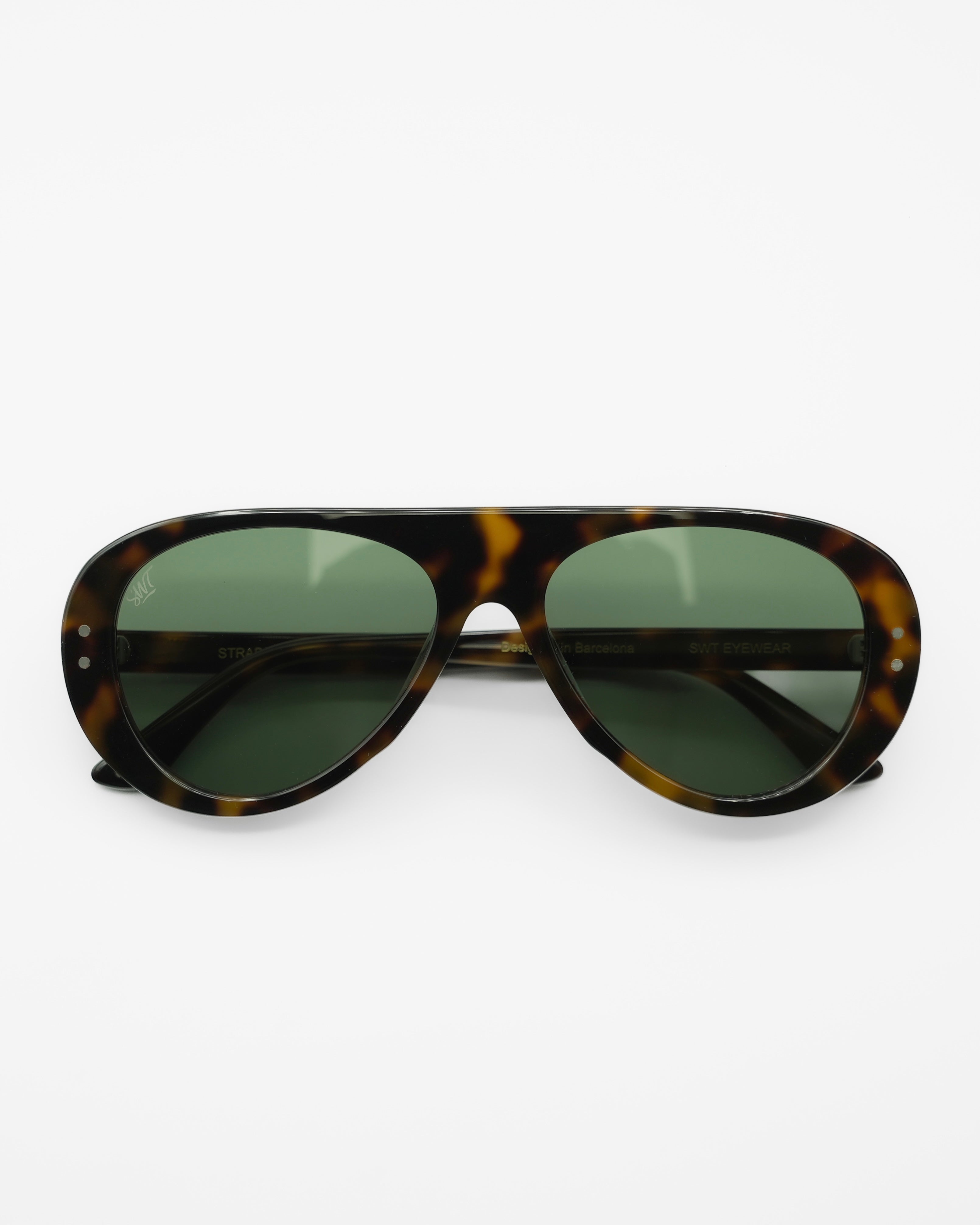 Miglia sunglasses by SWT, dark tortoiseshell aviator frame with G15 green lenses, front view