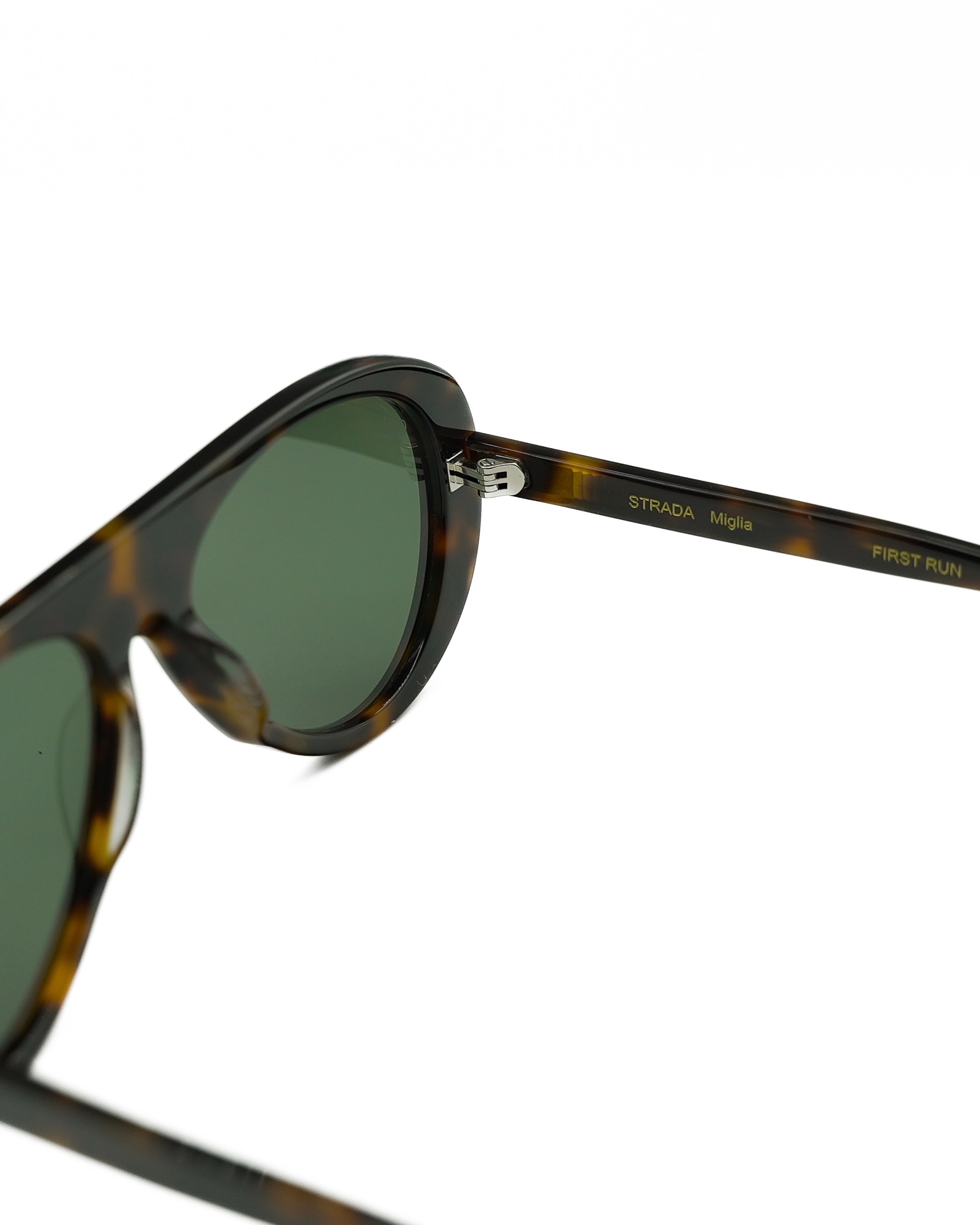 Miglia sunglasses by SWT, dark tortoiseshell aviator with G15 green lenses, side view showing temple