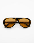 Dragon sunglasses by SWT, dark tortoiseshell aviator frame with warm amber lenses, front view