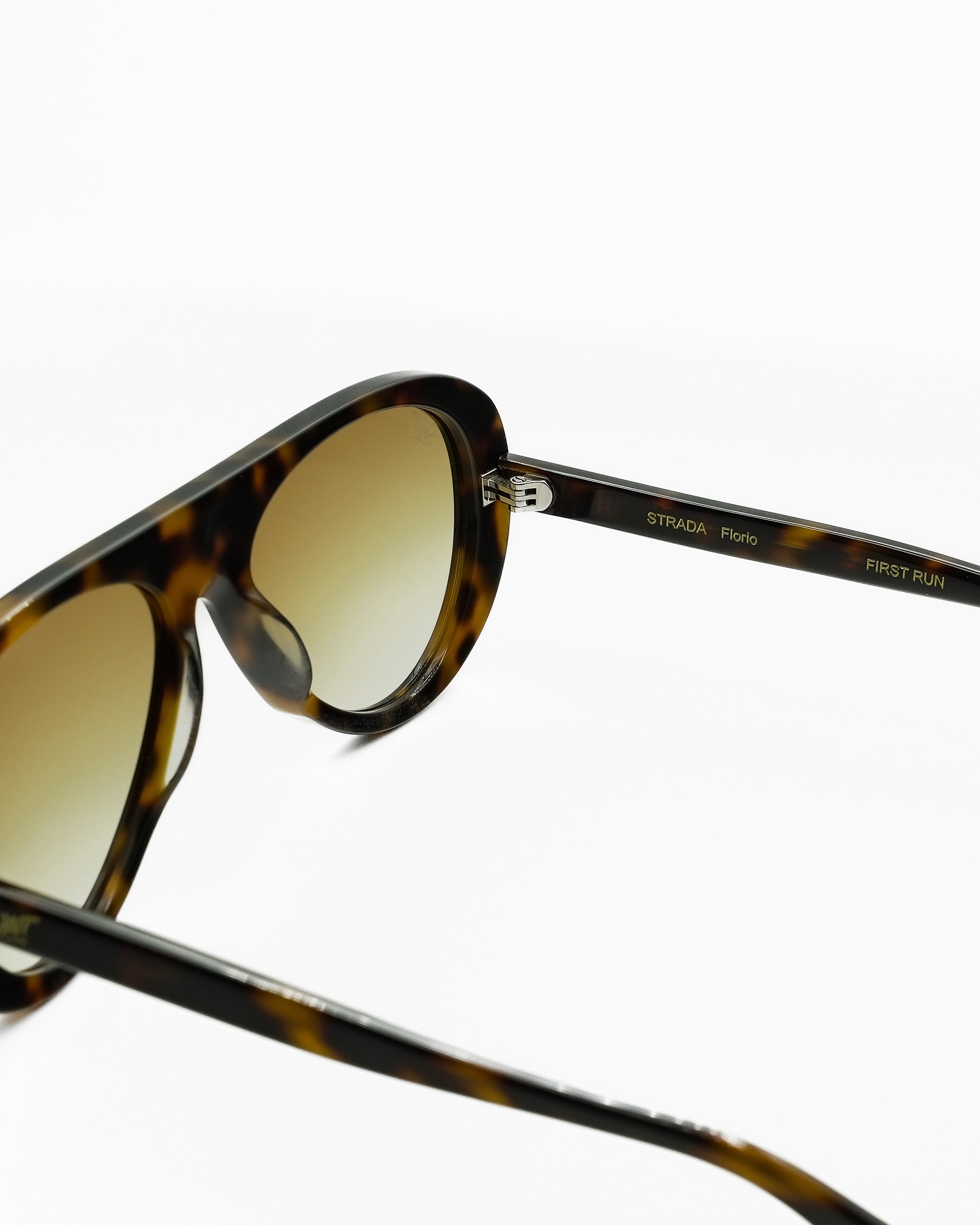 Florio sunglasses by SWT, dark tortoiseshell aviator with tobacco gradient lenses, side view showing temple