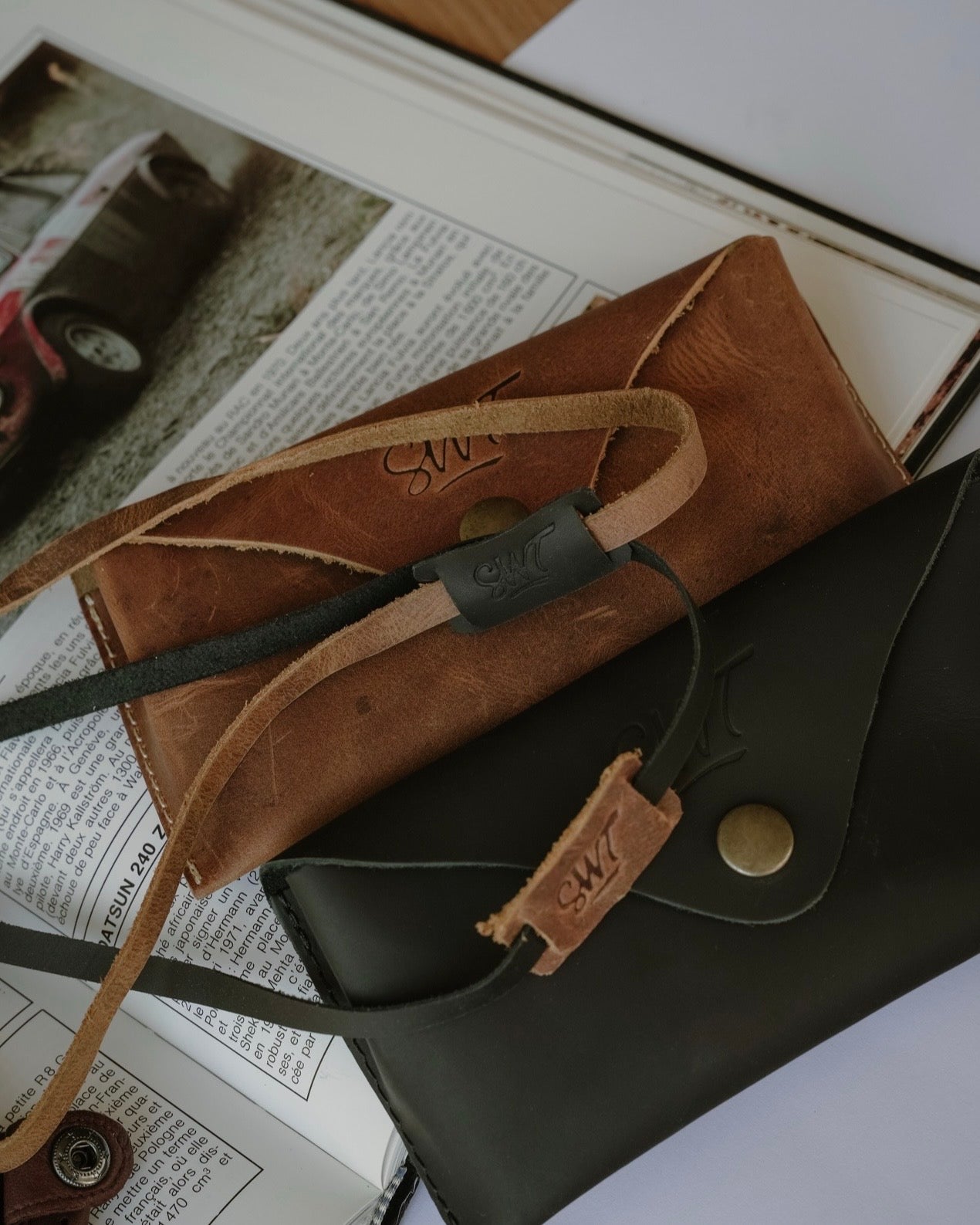 SWT leather sunglasses strap, full-grain buffalo leather detail
