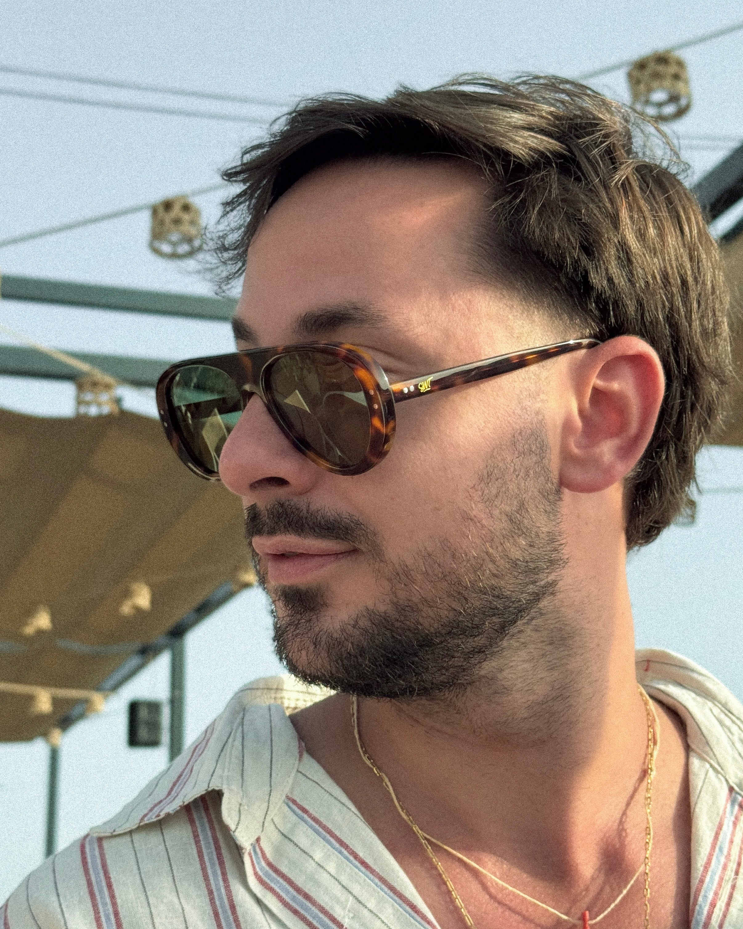 Miglia sunglasses by SWT, dark tortoiseshell acetate temple detail
