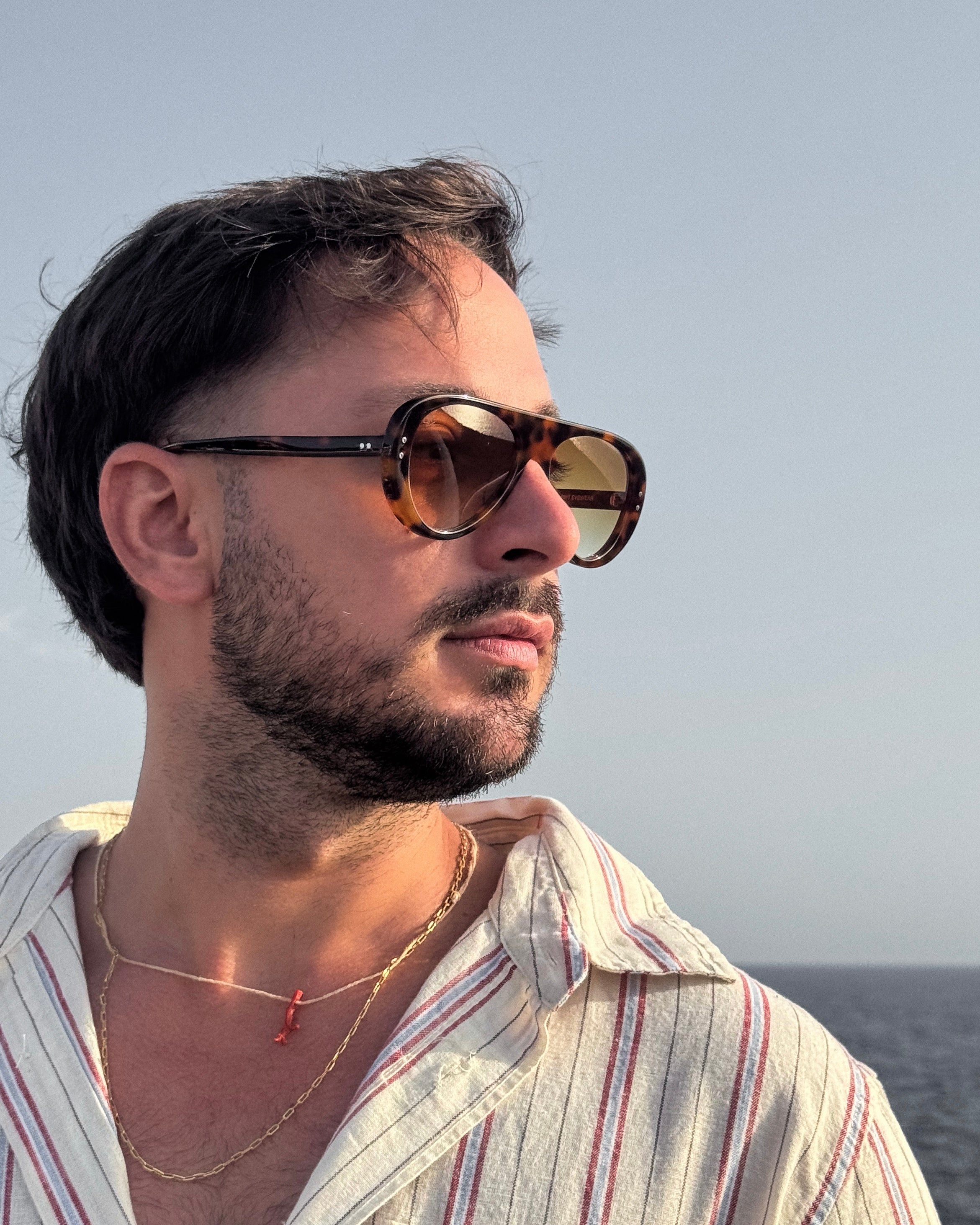 Florio sunglasses by SWT, dark tortoiseshell aviator, lens and frame detail